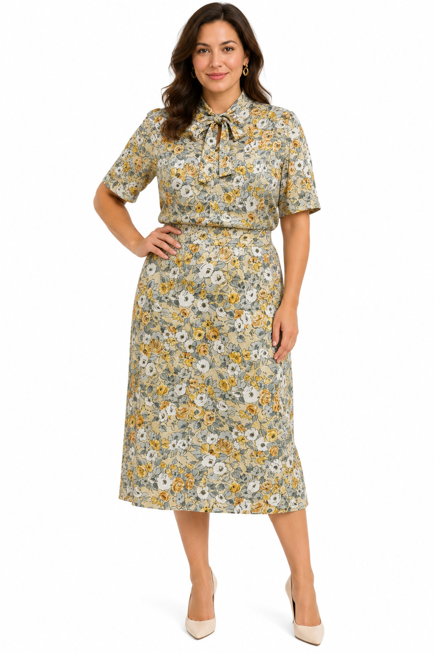 Vintage Unbranded 1970s Floral Pastel Yellow Dress Midi Belted Short Sleeve sz M